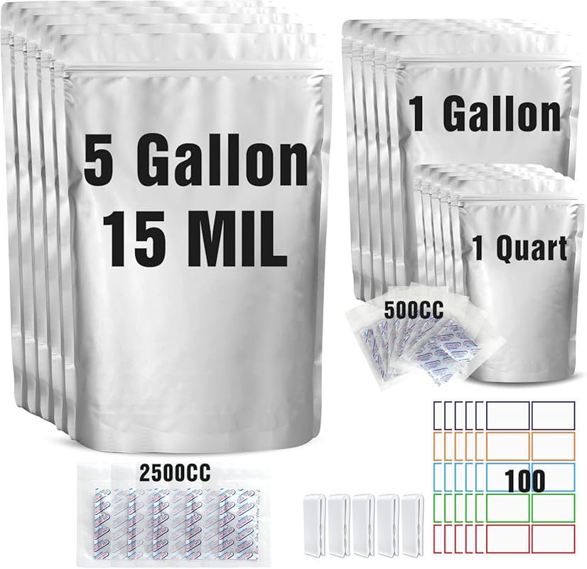 15 Mil 5 Gallon Mylar Bags for Food Storage with 2500cc Oxygen Absorbe