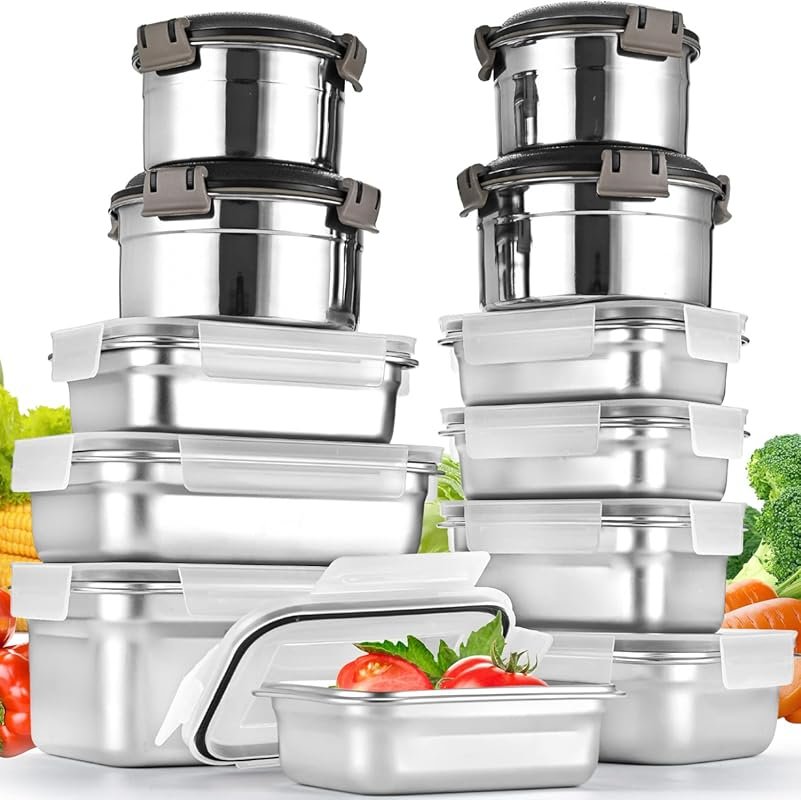 Cykorxicc 12-Pack 304 Stainless Steel Food Storage Containers with Lea
