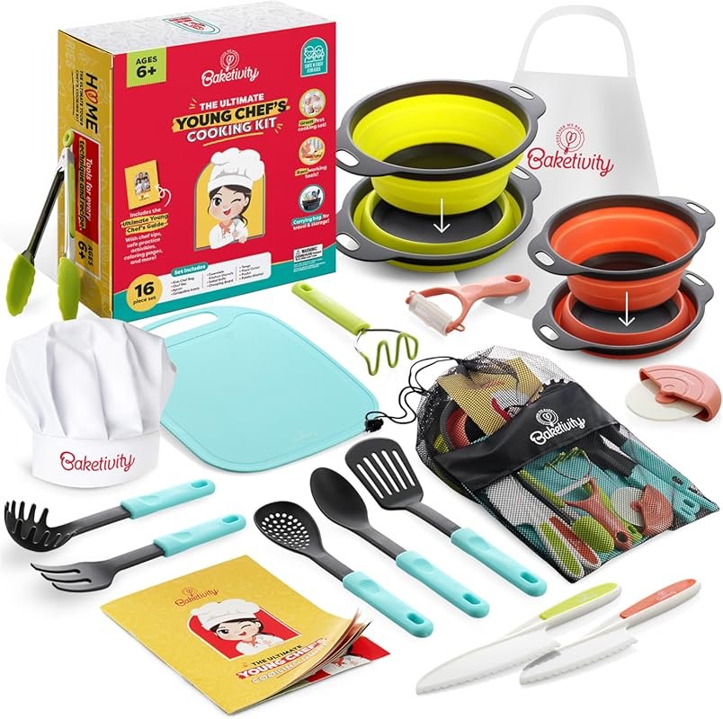Baketivity Kids Real Cooking Set with Kitchen Tool Guide, Mixing Bowls