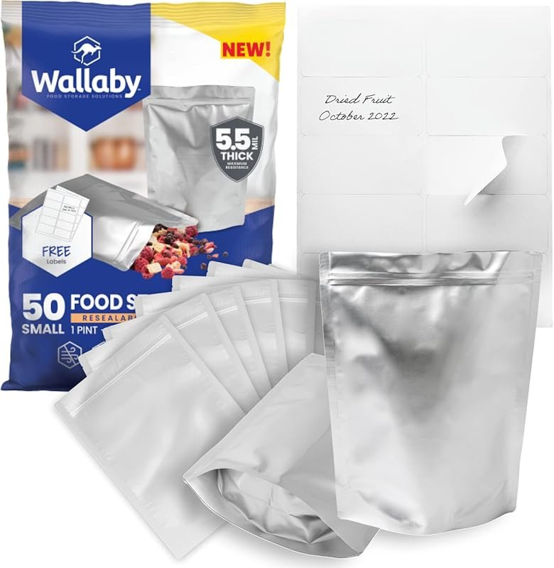 Wallaby 50-Pack 1-Pint Gusset Mylar Bags, 11 Mil Thick, 8x6 Stand-Up Z