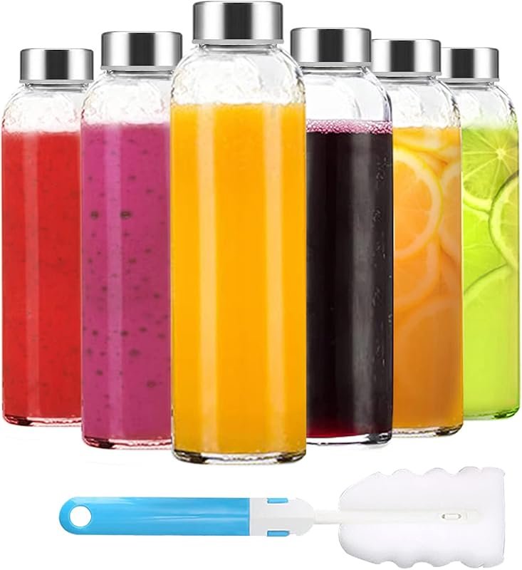 Luxfuel 18 oz Clear Glass Bottles with Stainless Steel Caps, Set of 6 
