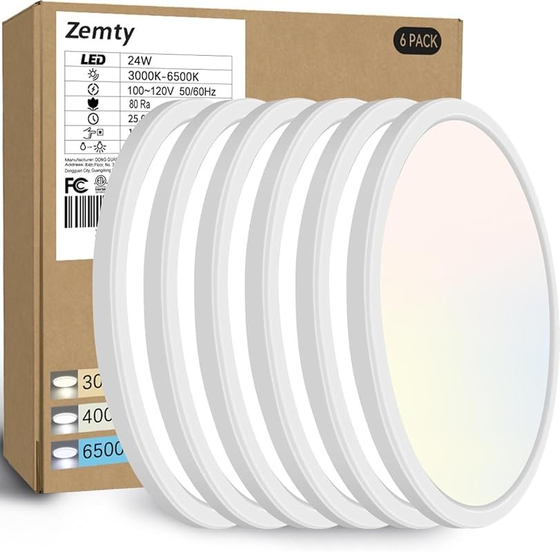 zemty 6-Pack 12-Inch LED Flush Mount Ceiling Lights, 24W 3200 Lumens,
