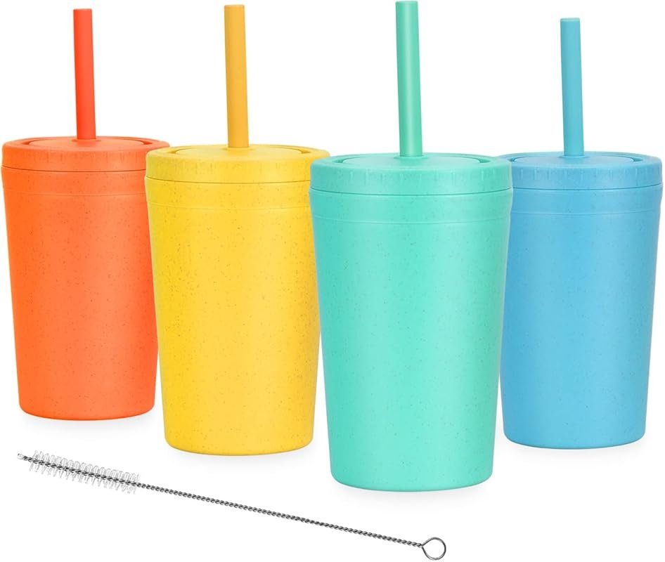 Homestockplus Reusable Wheat Straw Cups with Lids and Straws, 10 oz Ch