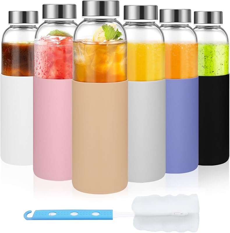 Luxfuel 18 oz Glass Juice Bottles with Silicone Sleeve - 6-Pack Reusab