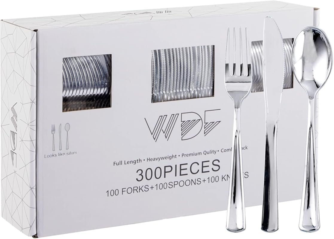 WDF 300 Pieces Heavy Duty Silver Plastic Silverware Set with Forks, Kn
