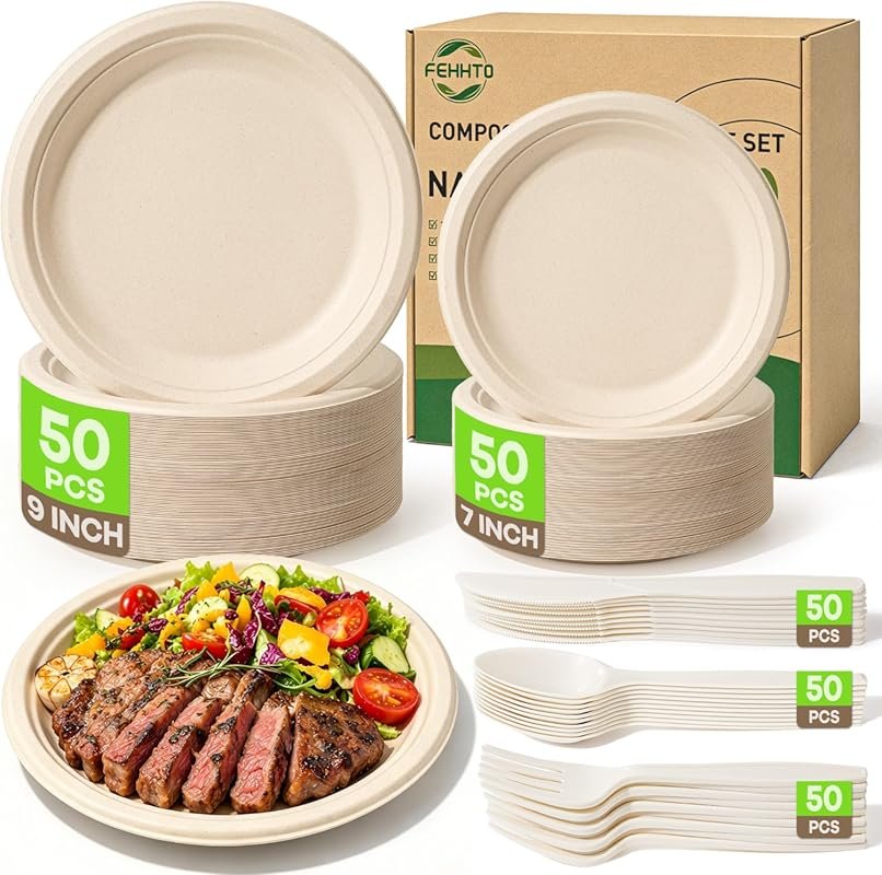 Compostable Paper Plates Set 250-Piece Heavy-Duty Sugarcane Biodegrada