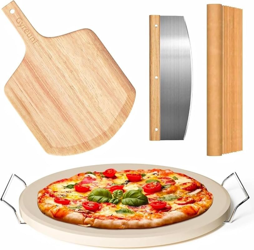 13-Inch Round Pizza Stone Set for Oven and Grill with Wooden Peel, Ser