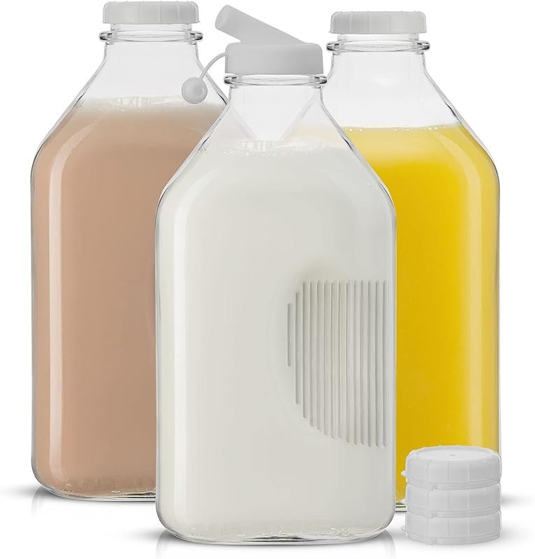 JoyJolt 64oz Glass Milk Bottles with Lids and Pourer – 3 Pack Airtight