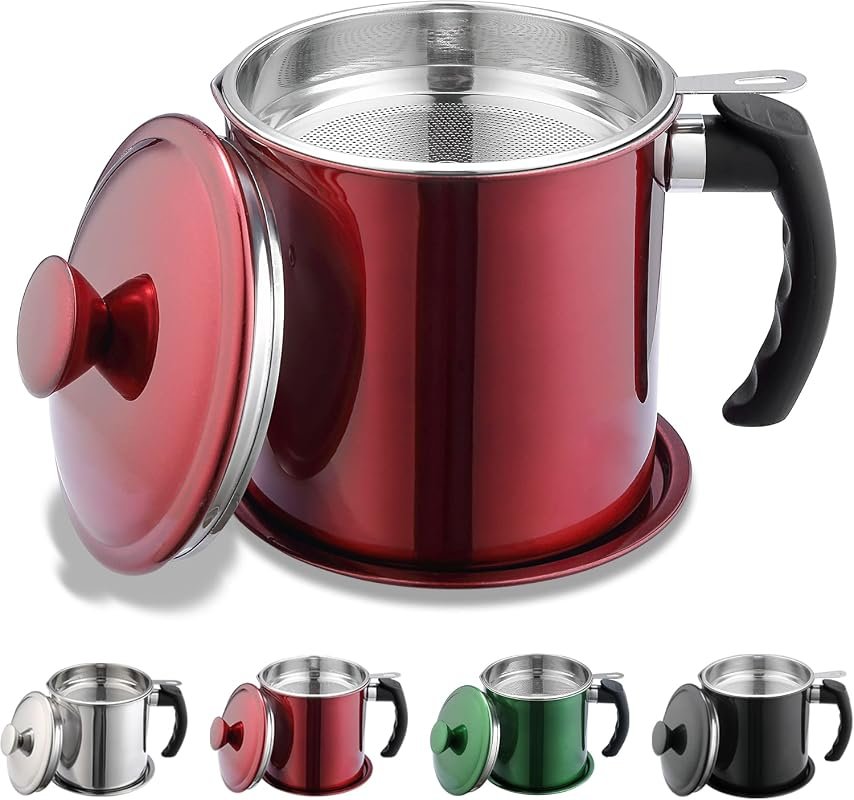 Kyraton 48 oz Red Stainless Steel Bacon Grease Container with Strainer