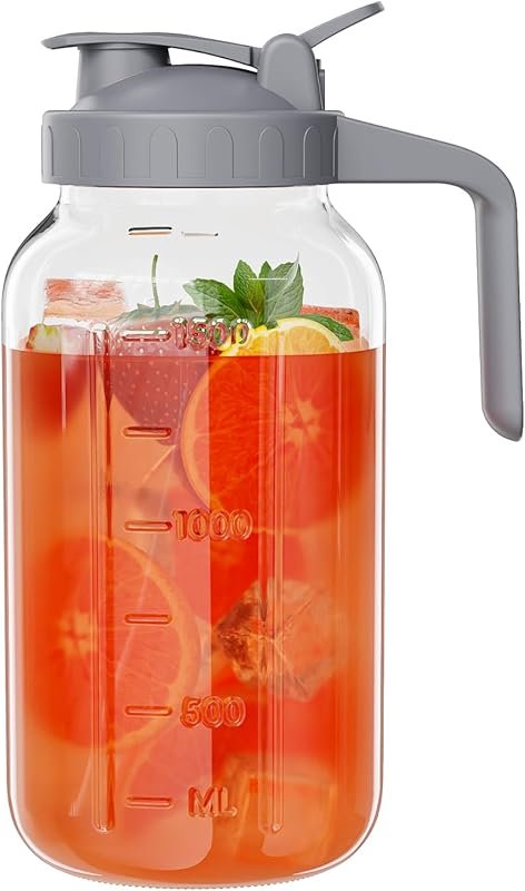 Glass Mason Jar Pitcher 64oz Wide Mouth with Pour Spout Handle Lid for