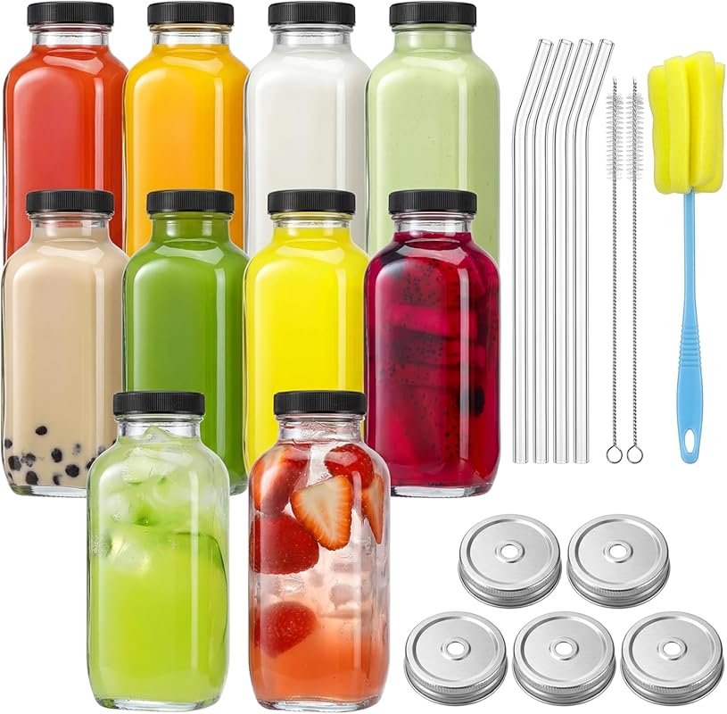 CUCUMI 16oz Glass Juice Bottles with Lids - 10-Pack Reusable Container