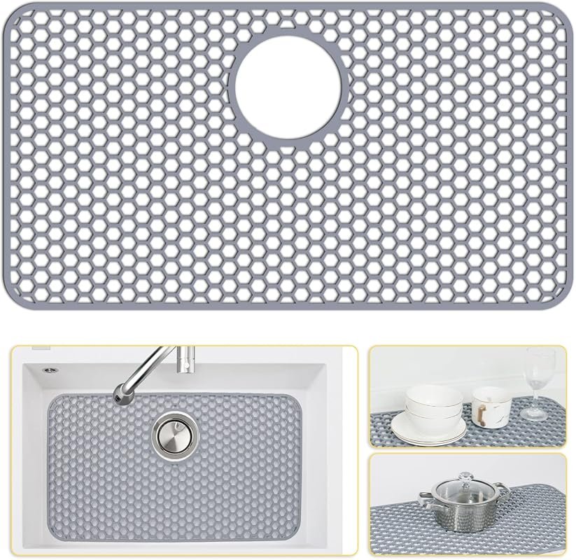 Bestjing Silicone Sink Protector 26x14 Inch Non-Slip Heat Resistant Mat for Kitchen Sink with Rear Drain