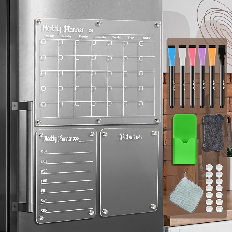 Acrylic Magnetic Dry Erase Board Set of 3 for Fridge, Transparent Mont