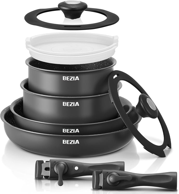 BEZIA 10-Piece Induction Nonstick Pots and Pans Set with Removable Han