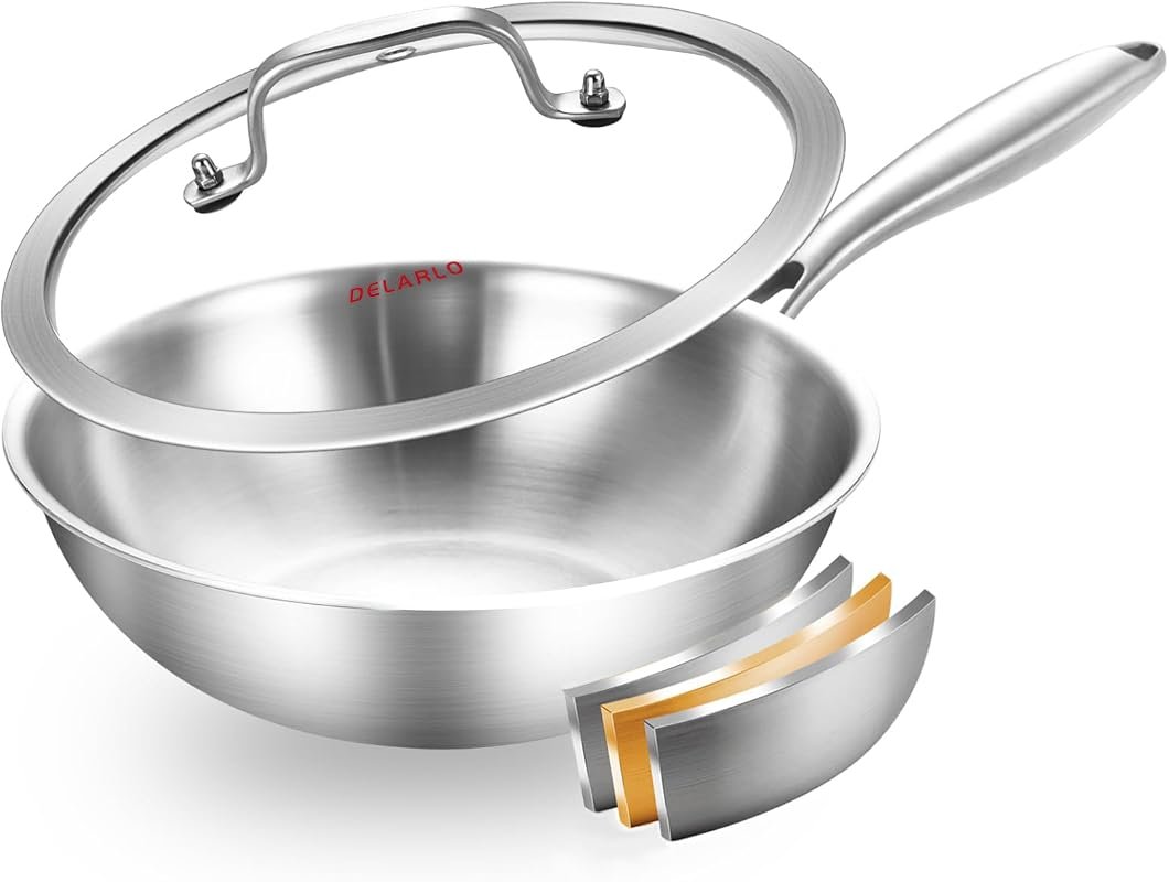 DELARLO 9.45-Inch Whole Body Tri-Ply Stainless Steel Wok with Detachab