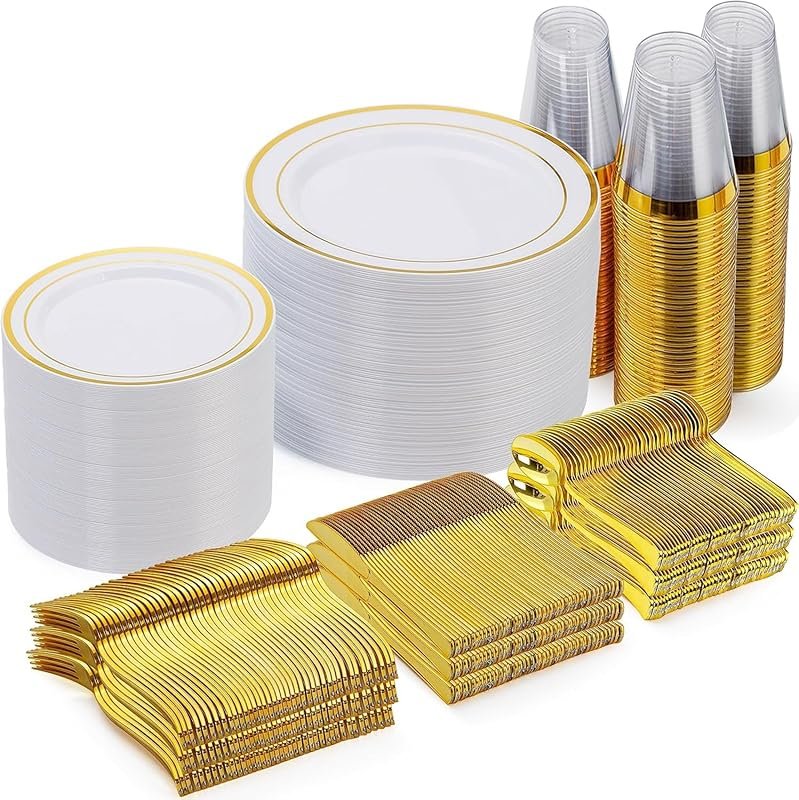 Goodluck 600-Piece Gold Disposable Dinnerware Set for 100 Guests – Din