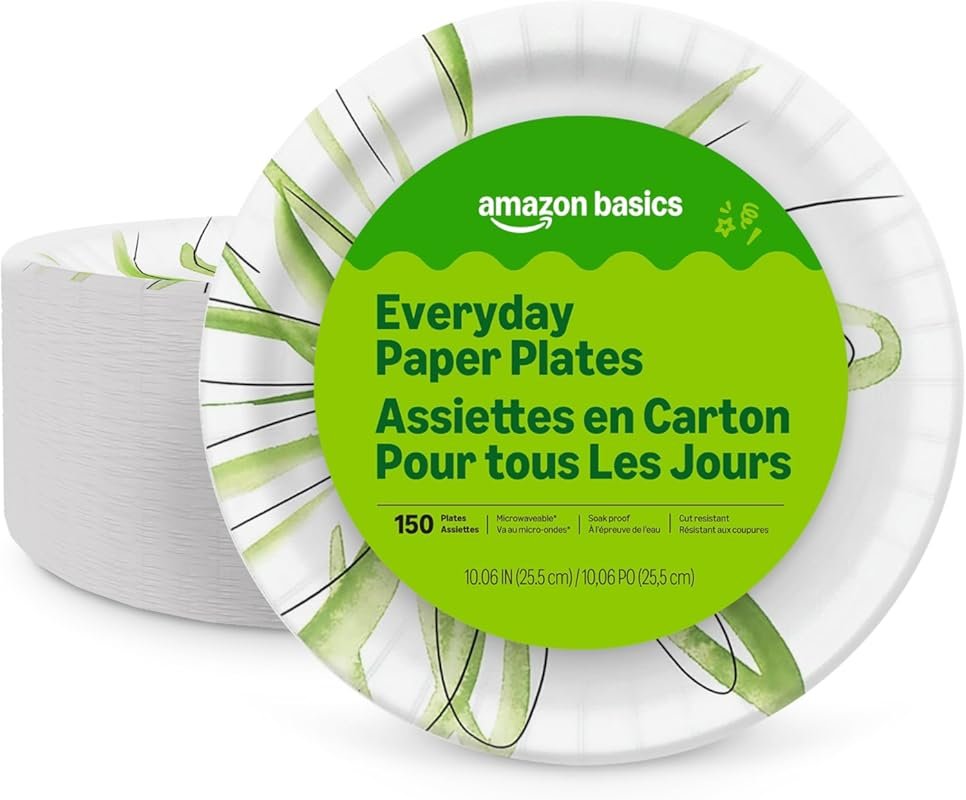 Amazon Basics Everyday Paper Plates 10 Inch 150 Count, Disposable Heav