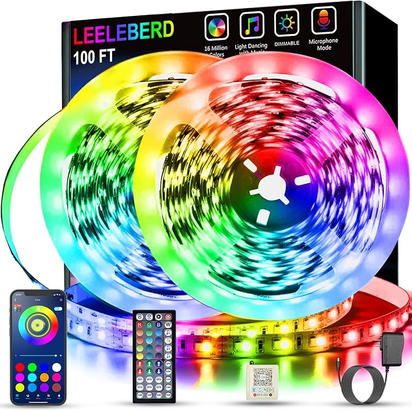 Leeleberd 100ft Music Sync RGB LED Strip Lights, Bluetooth App & Remot