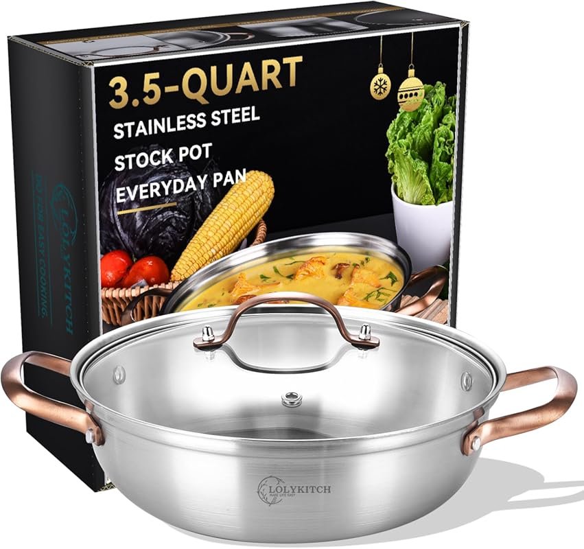 LOLYKITCH 11-Inch Tri-Ply Stainless Steel Sauté Pan with Lid – 3.5QT E