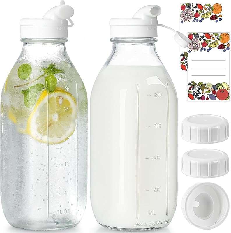 2 Pack 32oz Glass Milk Bottles with Dispenser Caps, Airtight Heavy Dut