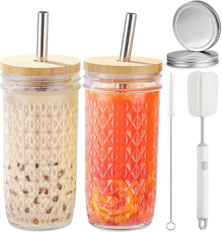 2 Pcs 24oz Glass Mason Jar Drinking Cups with Bamboo Lids, Straws, and