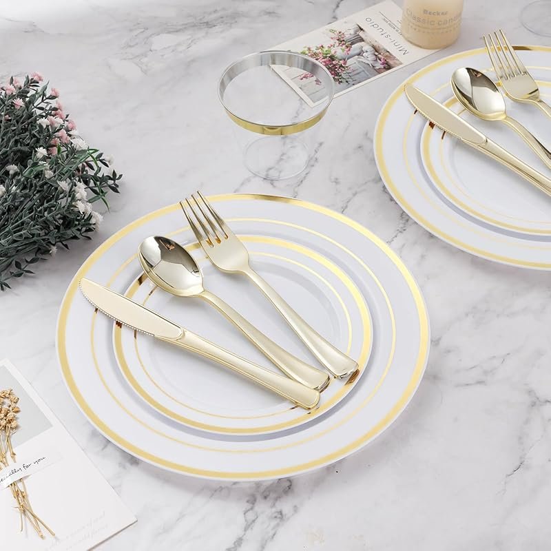 BESTVIP 600-Piece Gold Disposable Dinnerware Set for 100 Guests – Incl
