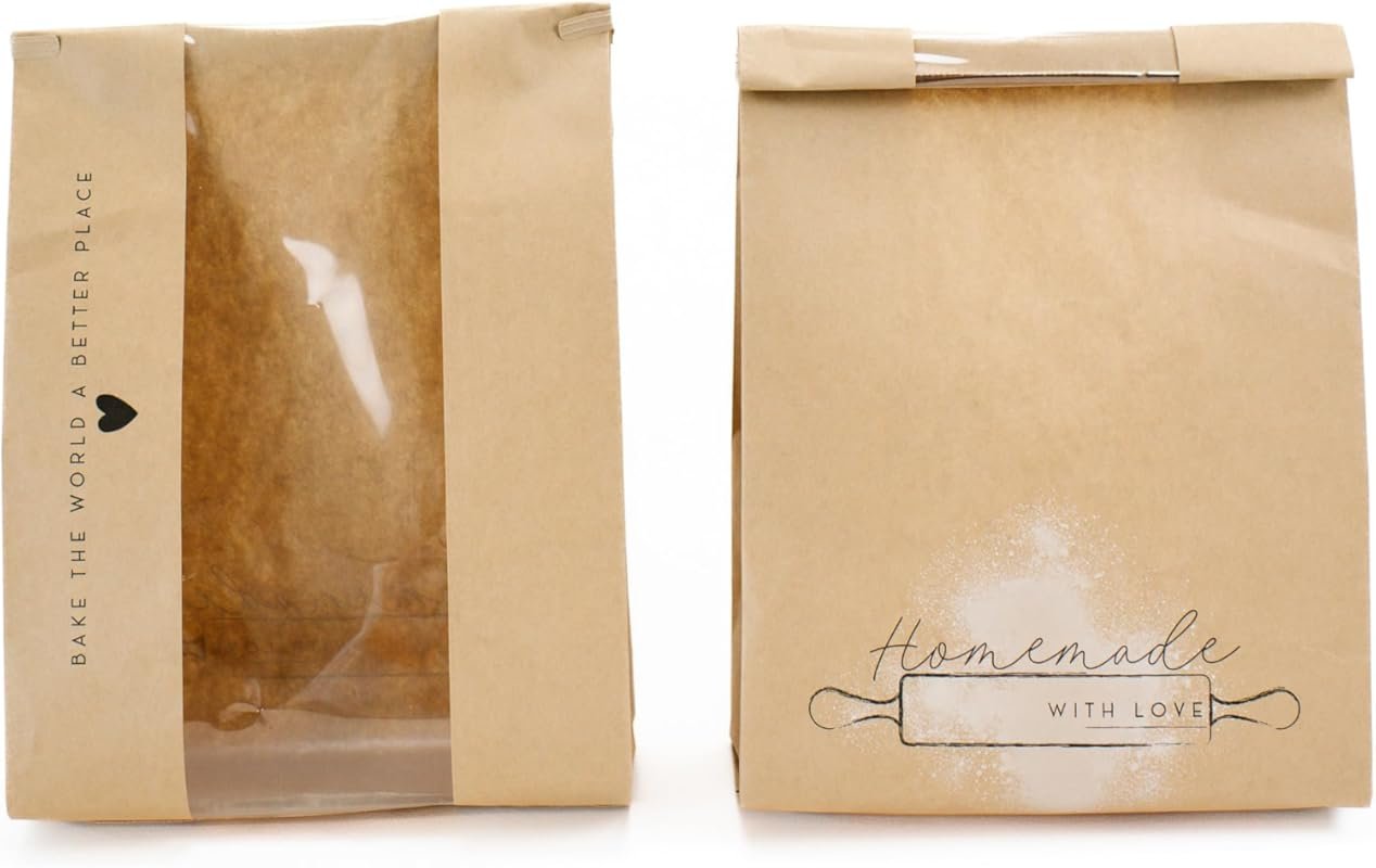 50 Pack Kraft Paper Bread Bags with Window and Tin Tie Tab for Homemade
