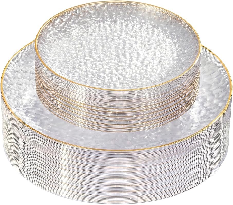 Rubtlamp 60-Piece Clear Plastic Plates with Gold Rim, Heavy Duty Hammered