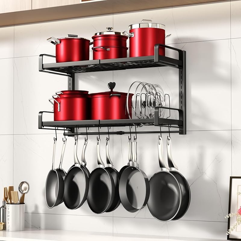 19-30 Inch Expandable Hanging Pot Rack, 2 Tier Heavy Duty Wall Mounted