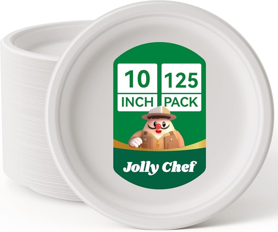 JOLLY CHEF Compostable Heavy Duty Plates 10 Inch 125 Pack, Eco-Friendl