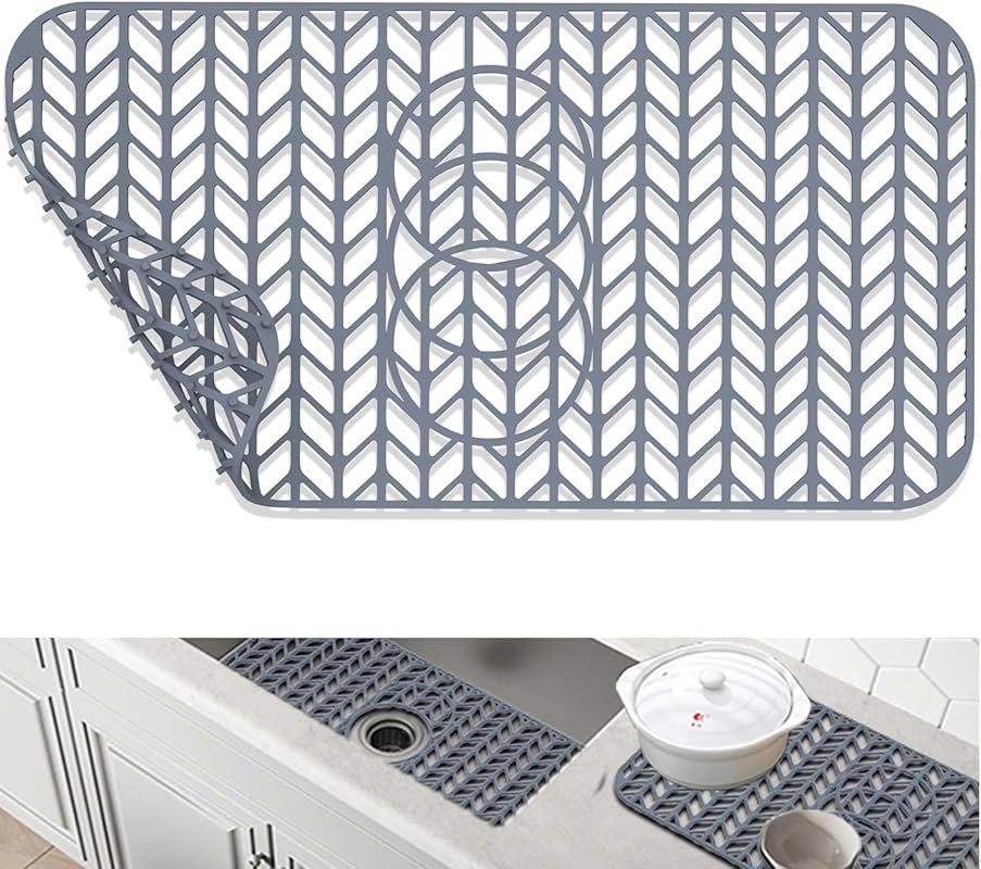 GUUKIN Silicone Sink Protector Mat 24x12.5 Inch with 3 Reserved Holes for Farmhouse Kitchen Sink Large Grid