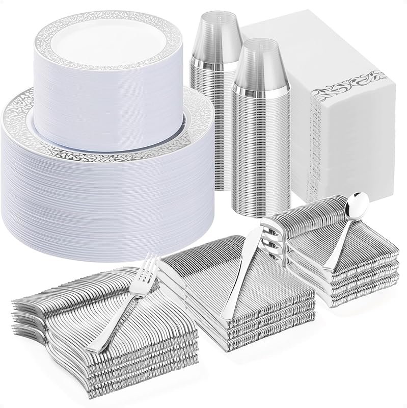 Bestluck 700-Piece Silver Plastic Dinnerware Set for 100 Guests – Dinn