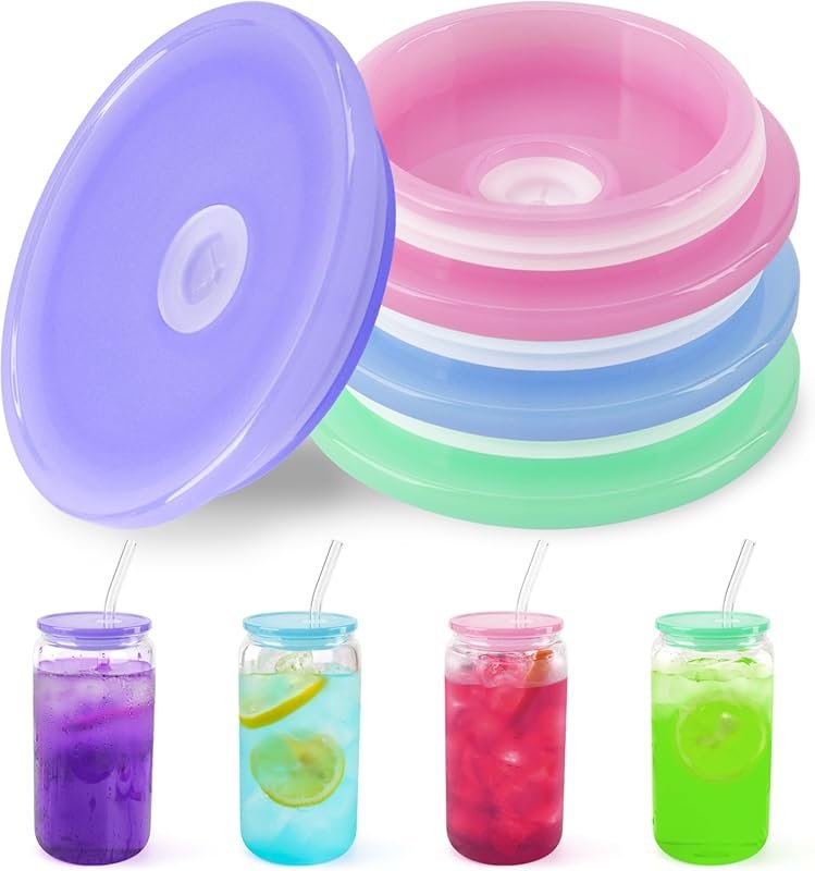 Joyclub 4 Pack Acrylic Lids for 16 oz/20 oz Glass Cups with Bamboo Lid