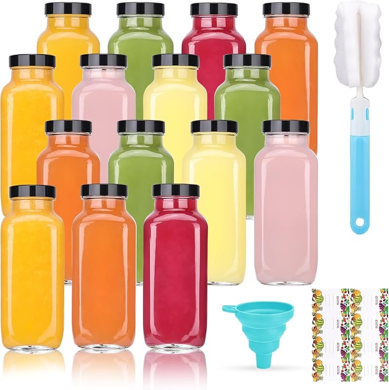 15 Pack 8 oz Glass Juice Bottles with Black Lids and Labels, Reusable 