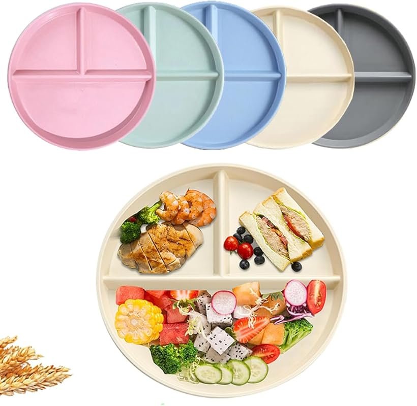 LRUUIDDE 9-Inch Wheat Straw Divided Plate Set of 5, BPA Free, Portion