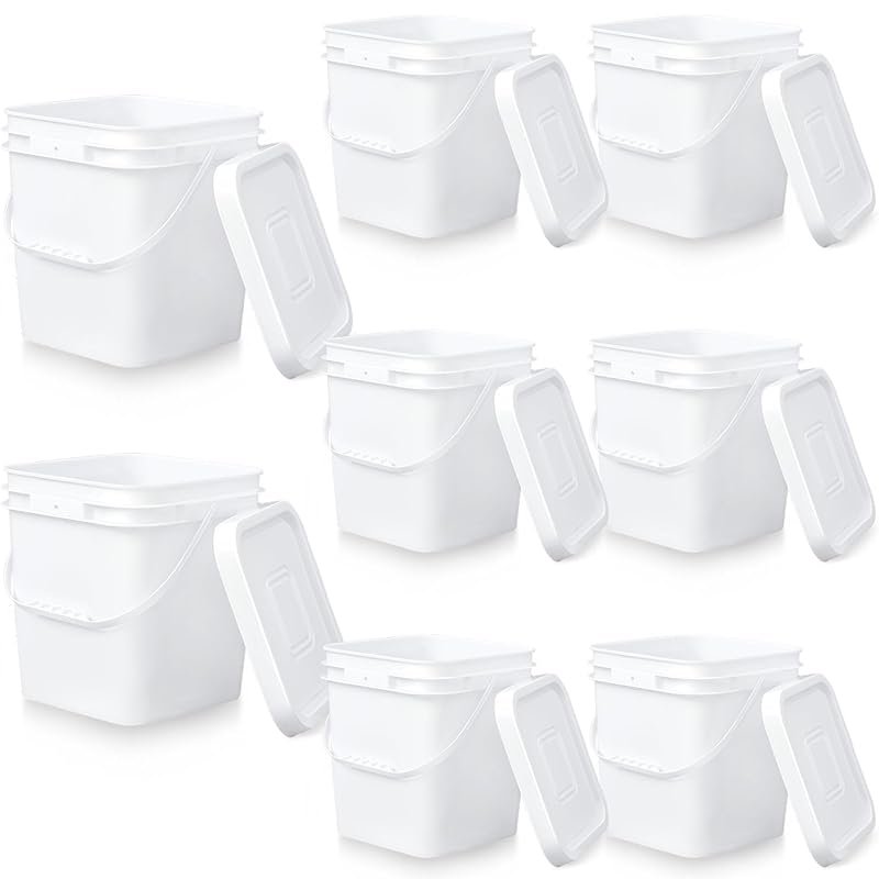 Mumufy 8 Pcs 3.5 Gallon Square Food Grade Bucket with Lid, Plastic Han