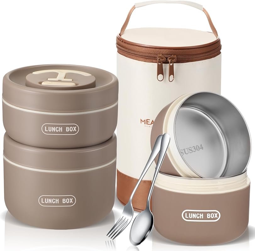 Dandat 3 Piece Portable Insulated Lunch Container Set for Adult Stackable