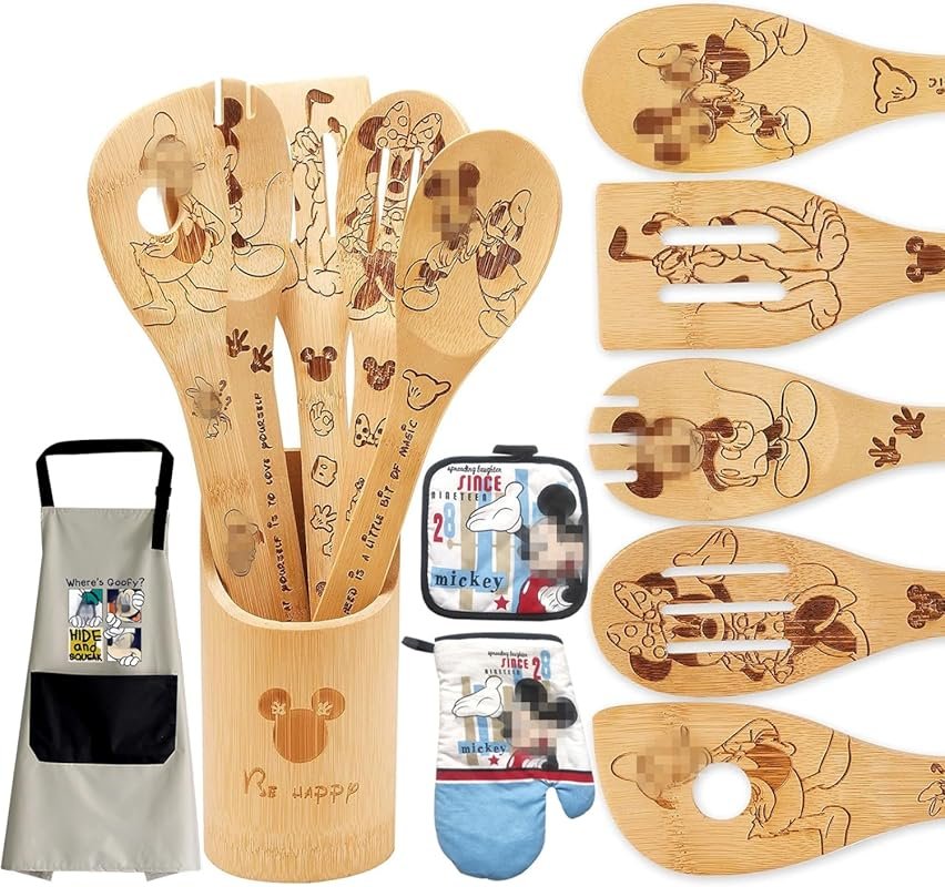 Cartoon Bamboo Wooden Spoons for Cooking – 9 Piece Utensils Set with A