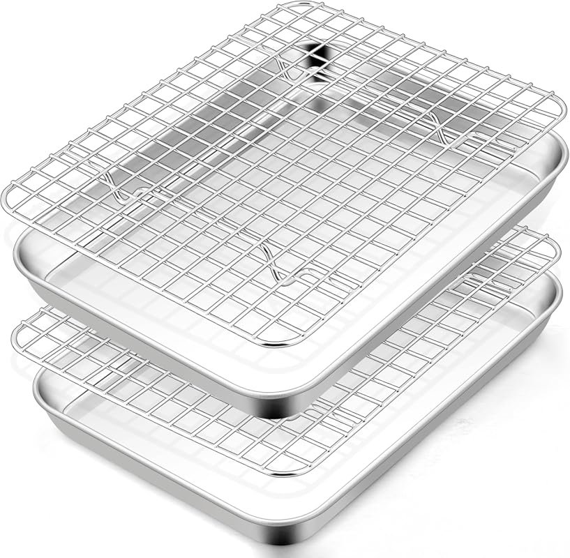TeamFar 9x7x1 Inch Stainless Steel Mini Baking Tray with Rack – Heavy-