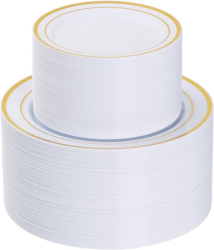Goodluck 200-Piece Gold Plastic Plates, Heavy Duty Disposable Dinner