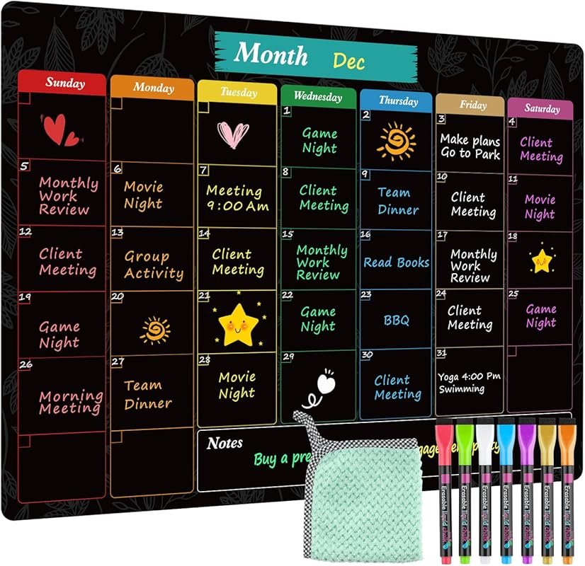 MaxGear Monthly Black Magnetic Dry Erase Fridge Calendar – 16x12 Chalk