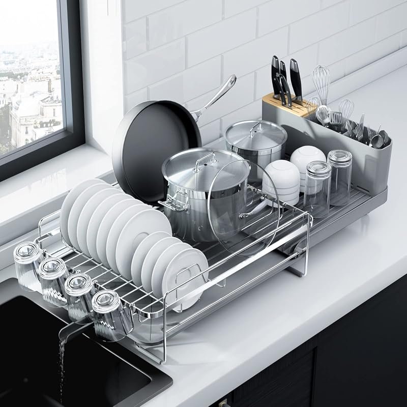 Kitsure Large Extendable Stainless Steel Dish Drying Rack with Cutlery