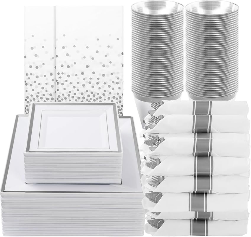 Goodluck 352-Piece Silver Square Dinnerware Set for 50 Guests – Plates