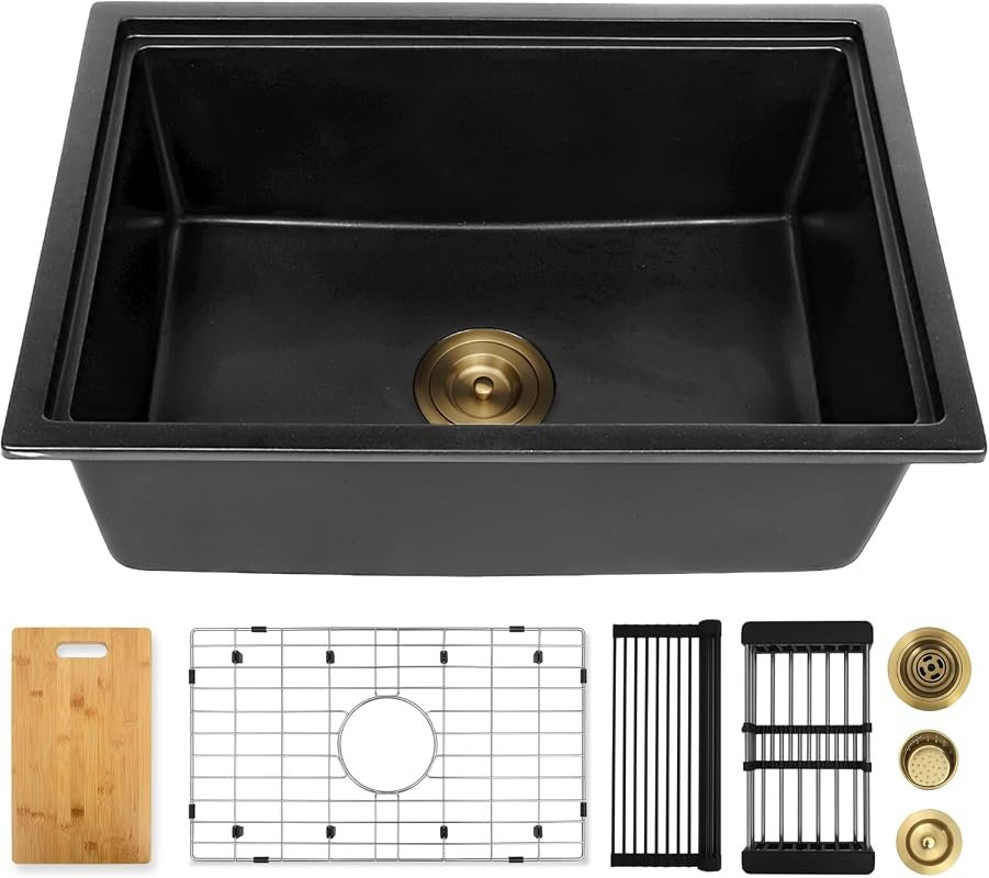 25 Inch Black Granite Composite Undermount Kitchen Sink Workstation, D