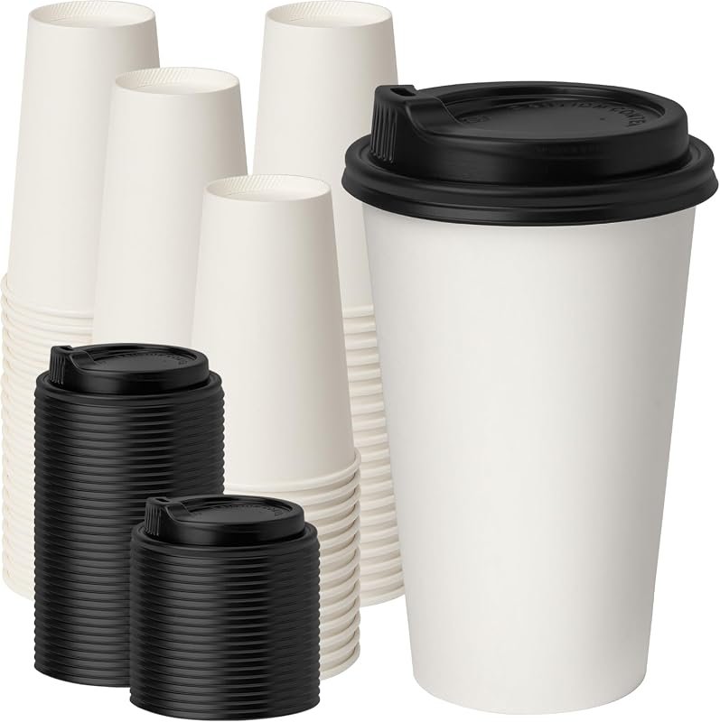 RACETOP 100-Pack 16 oz Disposable Coffee Cups with Lids, To Go Hot Cup