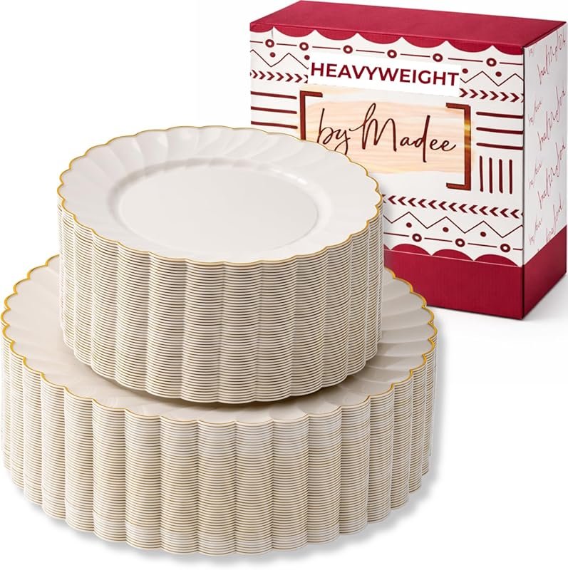 By Madee Heavyweight 100-Piece Scalloped Ivory Gold Plastic Plates