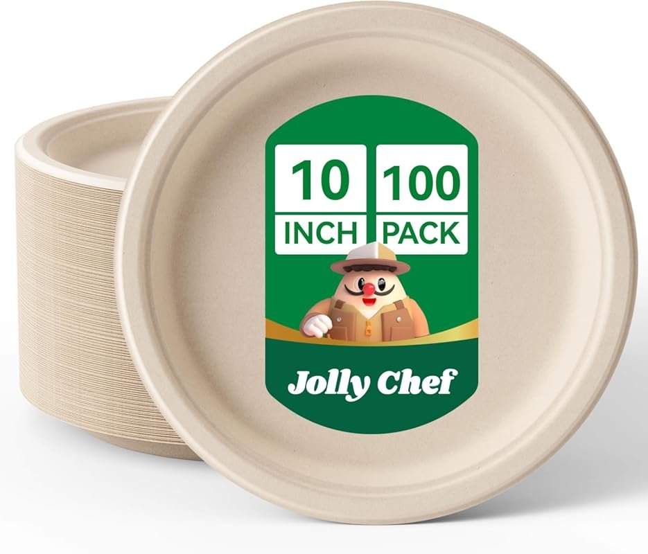 JOLLY CHEF Compostable Plates 10 Inch 100 Pack Eco Friendly Heavy Duty