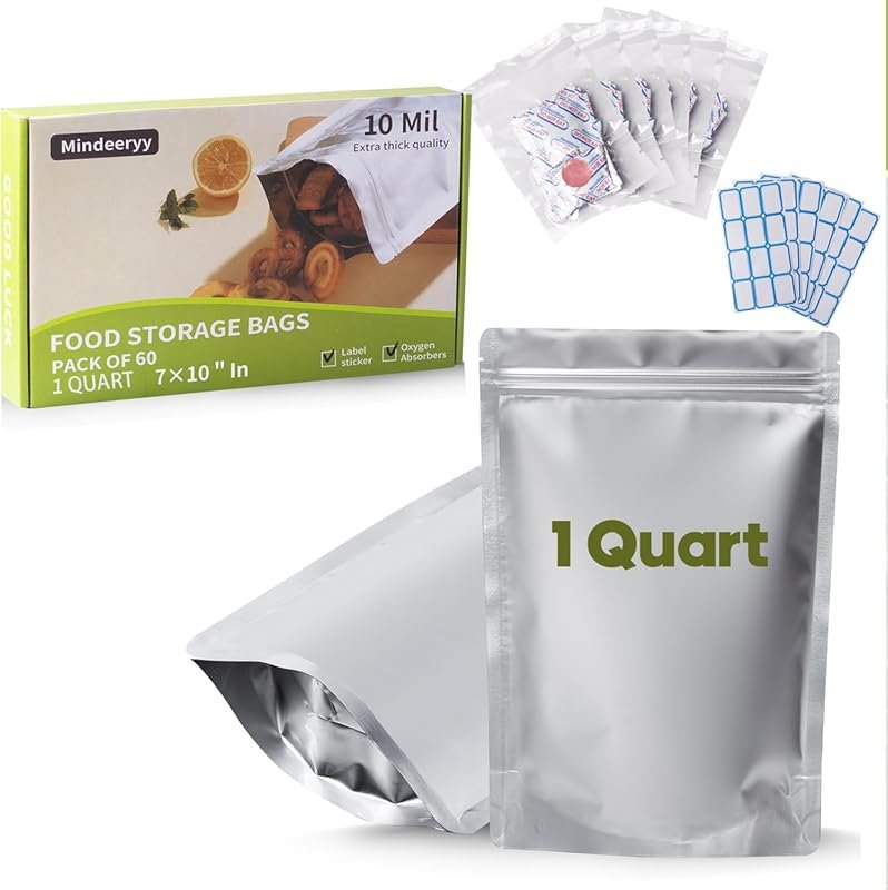 60-Pack 1 Quart Mylar Bags, 10 Mil Thick, 7x10 Inch Stand-Up Zipper Po