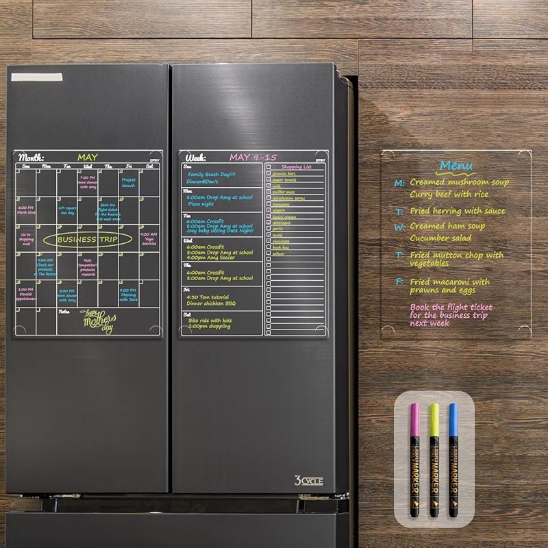 JJPRO Non-Magnetic Dry Erase Fridge Calendar Bundle – Monthly, Weekly,
