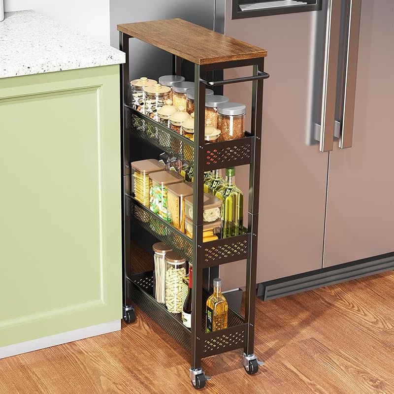 XYZLVSI Slim Storage Cart 4 Tier on Wheels with Wooden Top and Metal H